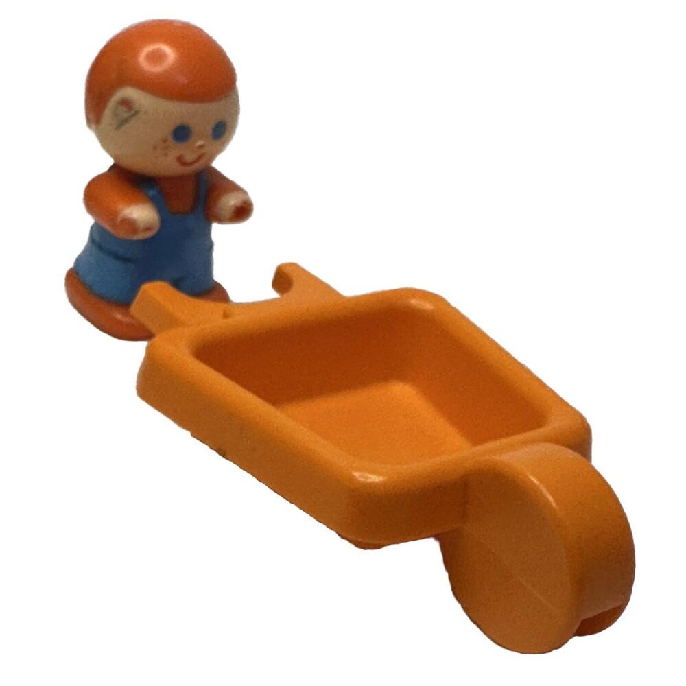 Vtg  1980 Gabriel 1.5" Boy Figure Orange & Wheelbarrow CBS, Inc. Hong Kong